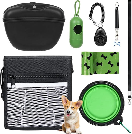 Dog Treat Pouch Pet Training Kit - Silicone Treat Bag Magnetic Closure, Puppy Training Clicker, Dog Whistle, Collapsible Dog Bowls, Poop Bags & Holder, 4 Ways to Wear Walking Fanny Pack-Black-PawvioPets