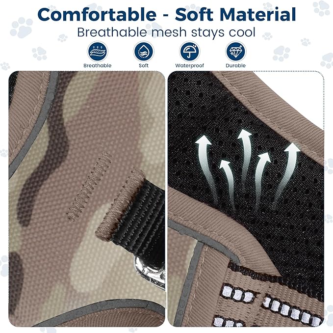 Funfox Dog Harness No Pull, Adjustable Pet Vest Harness, Super Soft Material with Vertical Handle Easy Control, Reflective Night Walking, 2 Leash Clips for XLarge Dogs, Camo Brown, XL-PawvioPets