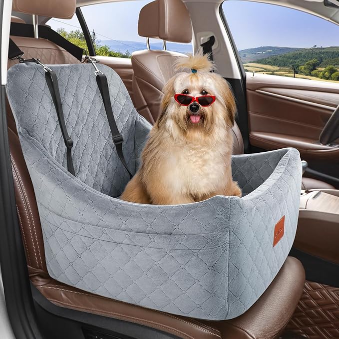 Dog Car Seat for Medium Dogs Up to 35lbs,Fully Detachable and Washable,Easy to Install with Adjustable Straps,Anti-Slip Bottom Travel Car Bed for Pets,Two Side Pockets(Grey,Medium)-PawvioPets