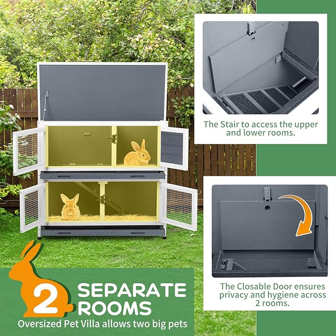 2 Story Solid Wood Rabbit/Bunny Hutch with 2 Large Main Rooms, Indoor Outdoor Rabbit House Guinea Pig Cage Pet House for Small Animals with Ventilation Door Removable Tray Waterproof Roof (Grey)-PawvioPets