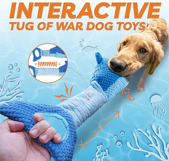 Dog Toys for Large Dogs, Squeaky Dog Toys for Aggressive Chewers, Plush Dog Chew Toys for Teething, Interactive Shark Dog Toys to Keep Them Busy Tug Of War Puppy Toys for Small,Medium,Large Breeds-PawvioPets