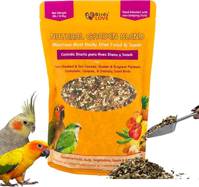 Birds LOVE All Natural Garden Blend Bird Food for Medium Birds - Cockatiels, Green Cheek Conures, Ringneck Parakeets and Small Quakers 2lb-PawvioPets