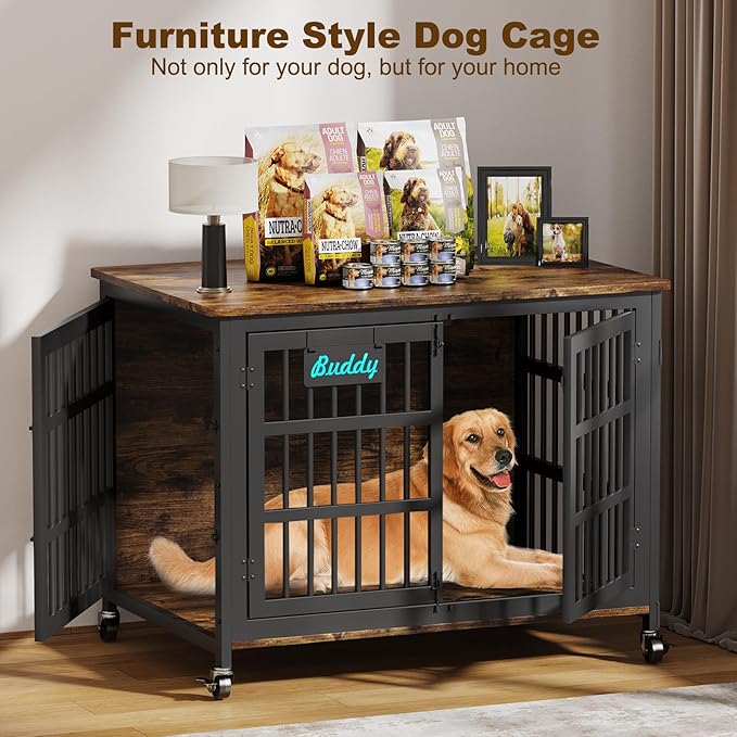 EasyCom 42"/41"/33" Dog Crate Furniture with Name Tag, XL Heavy Duty Dog Kennel Indoor for Large and Medium Dogs, Double-Doors Sturdy Dog Cage for Anxiety Dog, Decorate House as TV Stand-PawvioPets