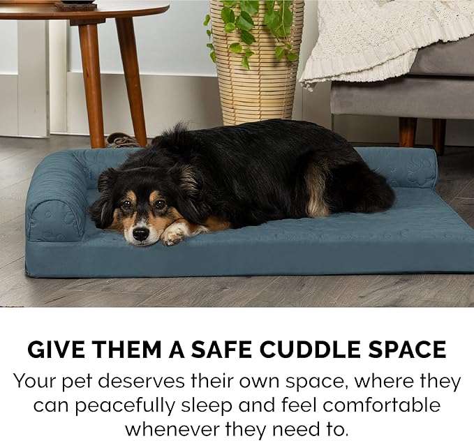 Furhaven Cooling Gel Dog Bed for Large Dogs w/ Removable Bolsters & Washable Cover, For Dogs Up to 95 lbs - Pinsonic Quilted Paw L Shaped Chaise - Bluestone, Jumbo/XL-PawvioPets