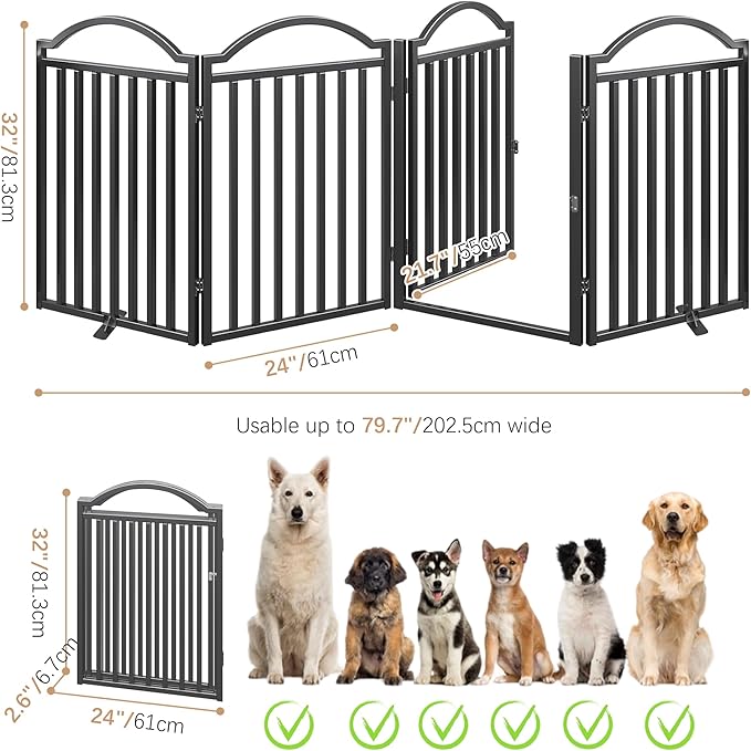 BHG Metal No-Assembly Freestanding Dog Gate with Door Walk Through, Extra Wide 96", Extra Tall 32" Pet Gate, Accordion Puppy Folding Playpen Dog Fence for Indoor & Outdoor, with 2PCS Support - Black-PawvioPets