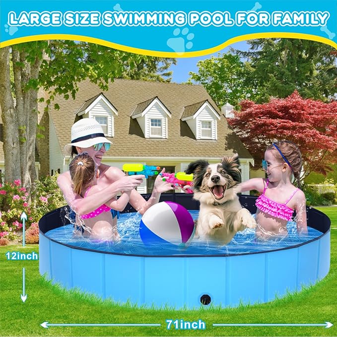 Foldable Dog Pool - 71" x 12" Anti-Slip Portable Dog Swimming Pool, Hard Plastic Collapsible Kiddie Pool for Outdoor and Indoor for Pets Dogs Cats and Kids-PawvioPets