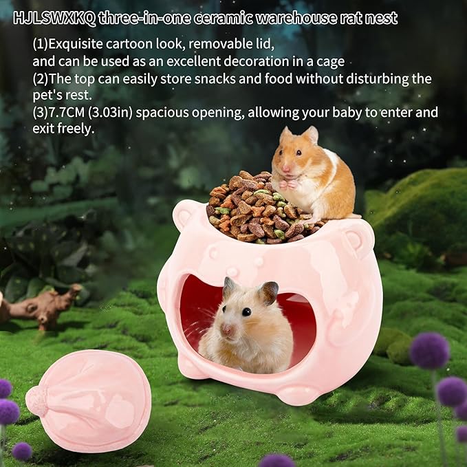 3-in-1 Bear Shaped Ceramic Hamster House - Cool House for Syrian Dwarf Hamsters, Mice, Gerbils， Small Pets, Top for Hamster Food, Removable Lid for Ice Packs, Cute Cool Hideout for Summer（Pink）-PawvioPets