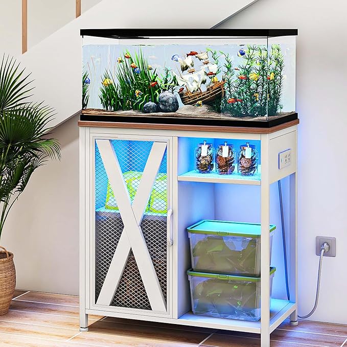 DWVO 20-29 Gallon Aquarium Stand with Power Outlets & LED Light, Cabinet for Fish Tank Accessories Storage - Metal Stand Suitable for Turtle Tank, Reptile Terrarium, 350LBS Capacity, White-PawvioPets