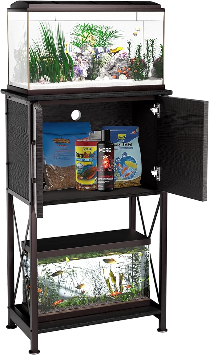 5-10 Gallon Fish Tank Stand, Metal Double Aquarium Stand with Cabinet for Fish Tank Accessories Storage, Heavy Duty 20.5" L* 11.02" W Tabletop, 500LBS Capacity Black PG06YGB-PawvioPets