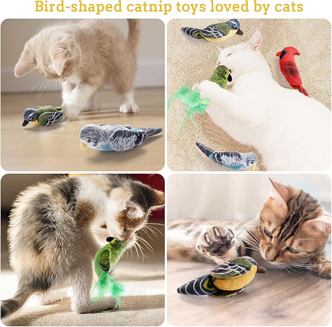Dorakitten Cat Catnip Toys Interactive Cats 4pcs Kitten Plush Nip Chew Bird Toy with Crinkle Paper Pet Best Treats Stuffed Pillow Cute Teething Play Gifts Soft Kick Sound Supplies for Indoor Kitty-PawvioPets