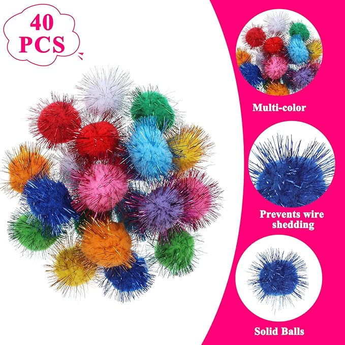 40 Pcs Pom Pom Balls for Kittens Colorful Pompom Balls for Cats Sparkle Ball for Cats Interactive Cat Toy Set for Exercise and Entertainment-PawvioPets