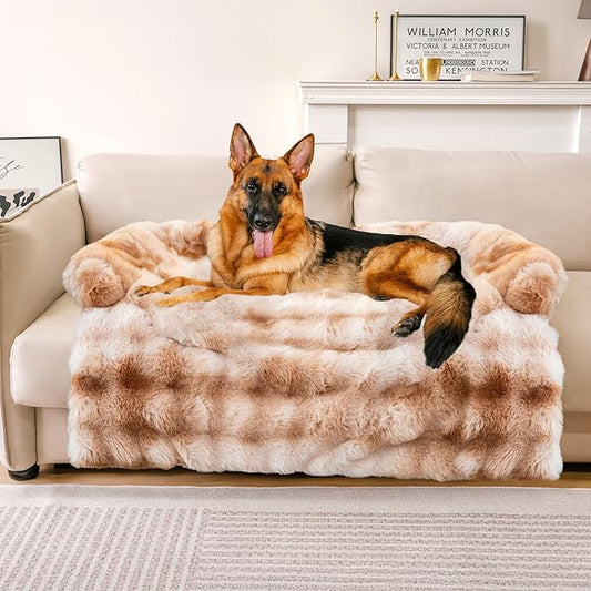 FUNNY FUZZY Pet Fluffy Plush Calming Dog Couch Bed Sofa Protector Washable Pets Mat for Large Medium Small Dogs and Cats (Tie-dye Brown,47.24 × 37.4 × 6.3 in)-PawvioPets