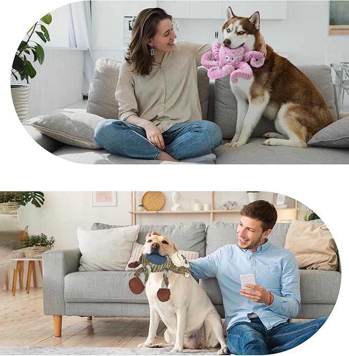 2Pack Dog Toys for Large Dog - Plush Squeaky Medium & Small Dog Toys - Stuffed Animals Puppy Toys - (Monkey+Octopus Pink)-PawvioPets