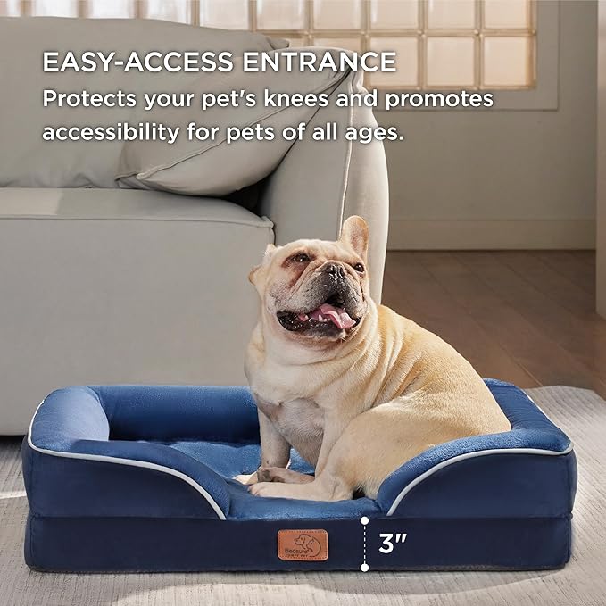 Bedsure Orthopedic Dog Bed Medium Size Dogs - Washable Medium Dog Cat Bed Waterproof, Comfort Pet Couch Sofa with Washable Removable Cover, Pets Bed with Nonskid Bottom, Blue Navy, 28"-PawvioPets