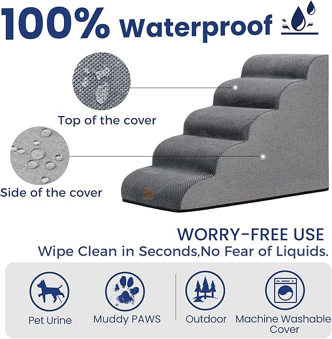 GoGoBunny Ramp Dog Stairs for High Beds 22.6" H, 5-Step Dog Slope Stairs with Durable Waterproof Fabric Cover, Pet Steps for Old Large Dogs Climbing, Non-Slip Sturdy Indoor Step, Grey-PawvioPets
