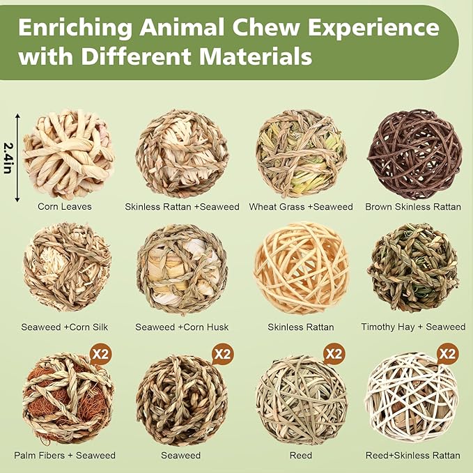 Bunny Chew Grass Balls, Rolling Chew Toys for Small Animals, Improving Dental Health, Natural Chew Grass Toys for Rabbits, Guinea Pigs, Chinchillas, Hamsters, Mice (16 Pcs)-PawvioPets