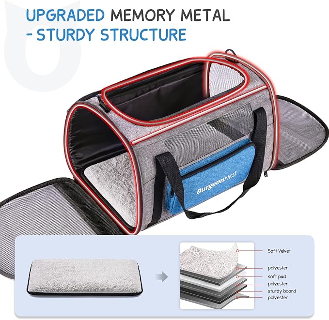 BurgeonNest Cat Carrier for Large Cats 20 lbs,Medium Pet Under 25 lbs,2 Puppy and Small Dogs with Unique Side Bag,Top Load Pet Carrier Soft-Sided Escape Proof with 4 Ventilated Windows-PawvioPets