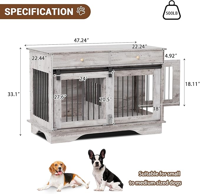 Dog Furniture Crate, 47" Large Dog Crate Furniture w/ 2 Storage Draws & Removable Divider for Large/Medium/Small Dogs (Grey, One Cage)-PawvioPets