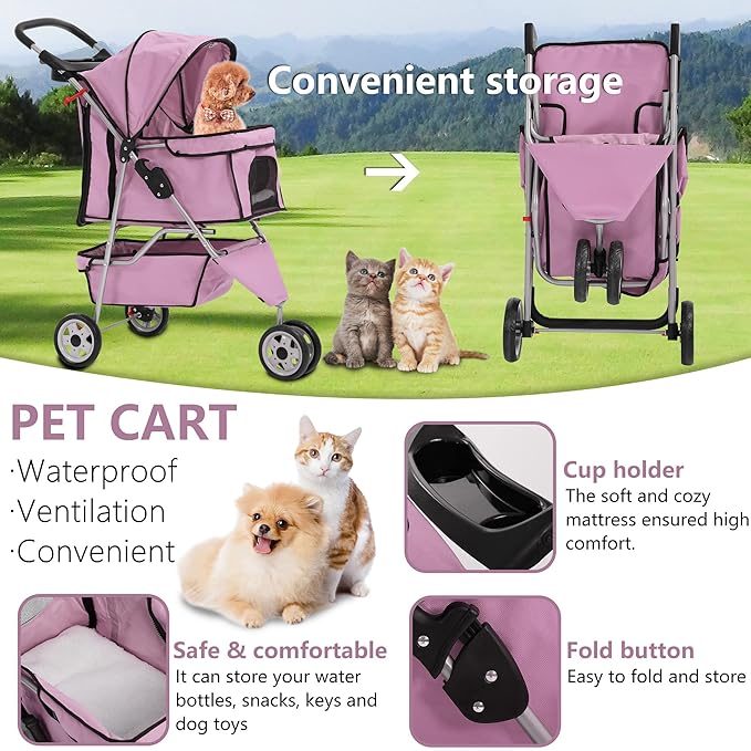 Dog Stroller,3 Wheels Travel Folding Pet Stroller for Small Medium Dog Cat Jogger Stroller with Storage Basket Removable Liner Pink-PawvioPets