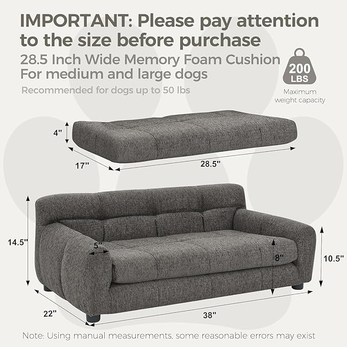 Dog Couch Bed, Mini Sofa for Dogs with Backrest and Armrest, Durable Pet Sofa with Soft Foam Cushion, Elevated Dog Couch Bed with Legs for Medium and Large Dogs, Stone Grey-PawvioPets