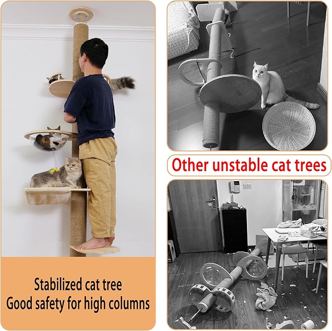 Floor to Ceiling Cat Tree Height (50-120 in) Adjustable Cat Tower 5 Tier Hemp Scratching Post High Cat Tree Sturdy Activity Tree Indoor Outdoor Cat Scratching Post Activity Center-PawvioPets