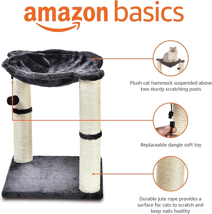 Amazon Basics Cat Condo Tower with Hammock Bed and Scratching Post,Easy to Assemble,Plush Hammock,Interactive Hanging Ball, Durable Sisal Scratch Posts for Indoor Cats, 15.8 x 15.8 x 19.7 Inches, Gray-PawvioPets