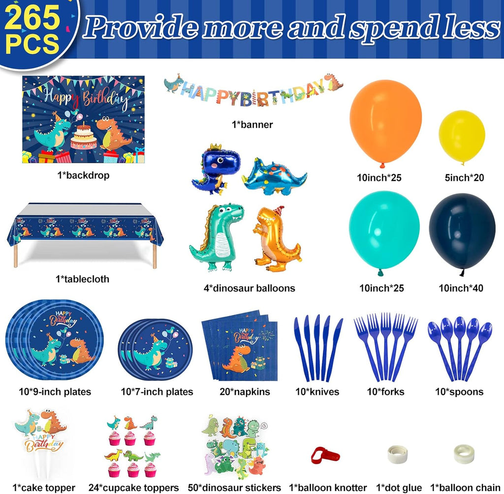 265 PCS Dinosaur Party Decorations, Blue Dinosaur Birthday Party Supplies for Boys Include Dino Balloons, Customized Backdrop, Happy Birthday Banner, Tablecloth, Plates, Cake Toppers