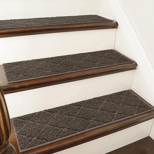 COSY HOMEER Edging Stair Treads Non-Slip Carpet Mat 28inX9in Indoor Stair Runners for Wooden Steps, Edging Stair Rugs for Kids and Dogs, 100% Polyester TPE Backing (4pc, Brown)-PawvioPets