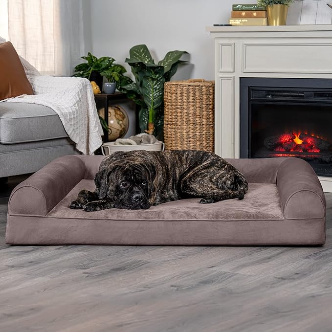 Furhaven Orthopedic Dog Bed for Large Dogs w/ Removable Bolsters & Washable Cover, For Dogs Up to 125 lbs - Faux Fur & Velvet Sofa - Driftwood Brown, Jumbo Plus/XXL-PawvioPets