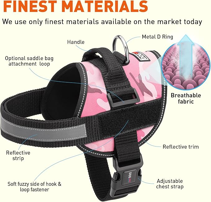 Dogline Dog Harness, Reflective No-Pull Adjustable Vest with Handle for Walking, Training, Breathable, No - Choke Harness for Small, Medium or Large Dogs Room for Patches Girth 15 to 18 in Pink Camo-PawvioPets