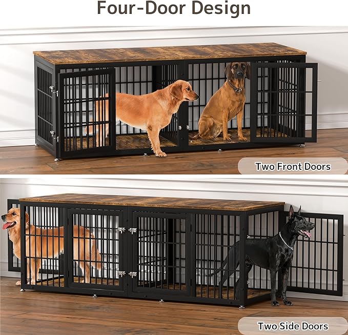 78 Inch Double Dog Crate Furniture, Heavy Duty Extra Large Cage Furniture with Divider for 2 Dogs, Decorative Wooden Kennel Furniture Indoor, Metal Pet House for Large and Medium Dogs-PawvioPets
