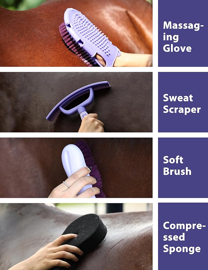 11PCS Horse Grooming Kit Curry Comb Sweat Scraper Horse Bathing Supplies Grooming Tools with Storage Bag Sugar Taro-PawvioPets