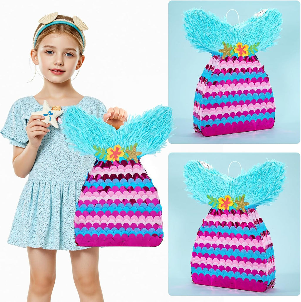 WERNNSAI Mermaid Piñata - Mermaid Party Games Decorations Mermaid Tail Piñata with Blindfold and Bat for Girls Kids Under the Sea Themed Birthday Party Supplies (12.5" x 16.5" x 3")
