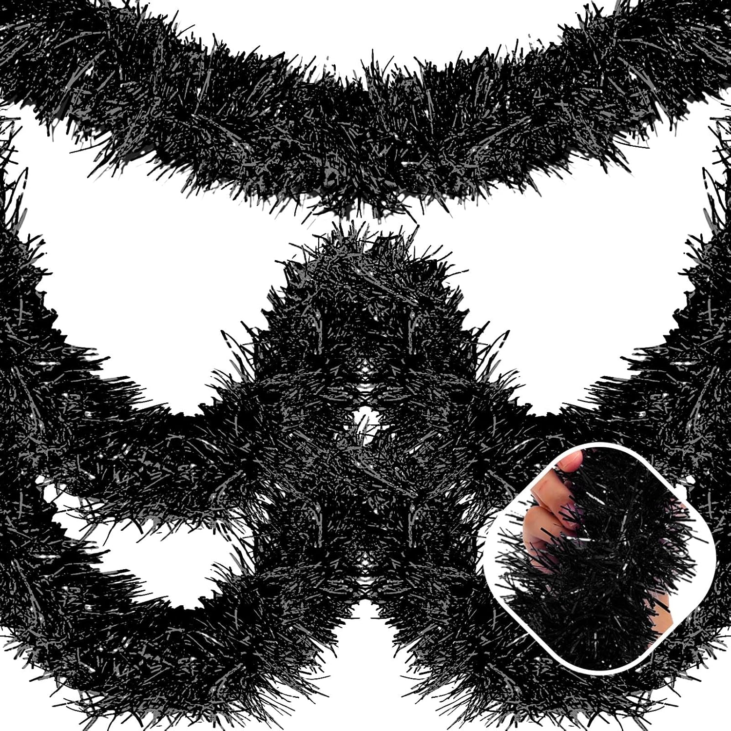 50 Feet Black Christmas Tinsel Garland, Metallic Foil Twist Garland Wall Hanging Tinsel Banner Backdrop for Parade Floats, Easter, Mother's Day, Wedding Party Decorations (2in x 50ft)