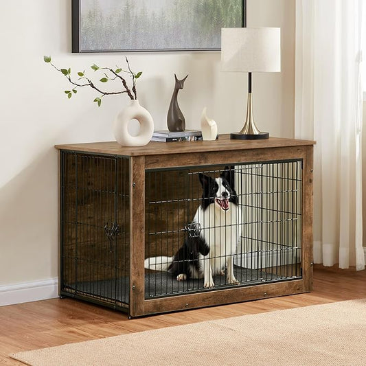 Dog Kennel Furniture, Wooden Dog Crate End Table, Heavy Duty Dog Crate, Decorative Pet Crate Dog Cage for Large Indoor Use (Rustic Brown) 39" L×26" W×27" H-PawvioPets