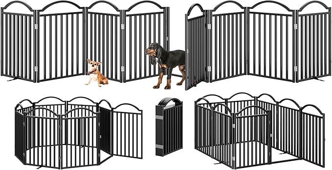 BHG Metal No-Assembly Freestanding Dog Gate with Door Walk Through, Extra Wide 96", Extra Tall 32" Pet Gate, Accordion Puppy Folding Playpen Dog Fence, with 2PCS Support (Black, 8 Panels)-PawvioPets