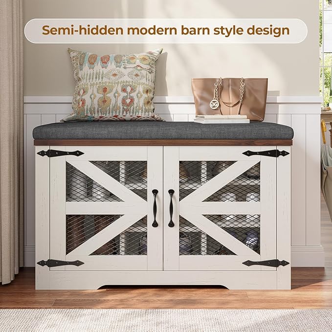 Farmhouse Storage Bench with Cushion, Metal and Wood Shoe Rack Organizer, Adjustable Shelf, Shoe Cabinet with Half Hidden Storage Space, for Entryway, Bedroom, Living Room (Old White, 31.4in)-PawvioPets