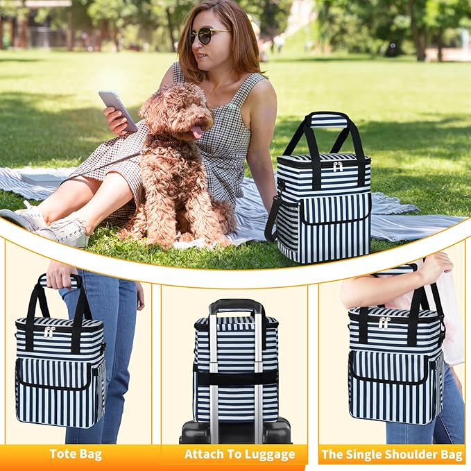 Dog Travel Bag for Camping - Pet Travel Accessories with 2 Collapsible Bowls, 2 Food Containers & Waterproof Feeding Mat - Portable Dog Carrier, Stripe (Small)-PawvioPets