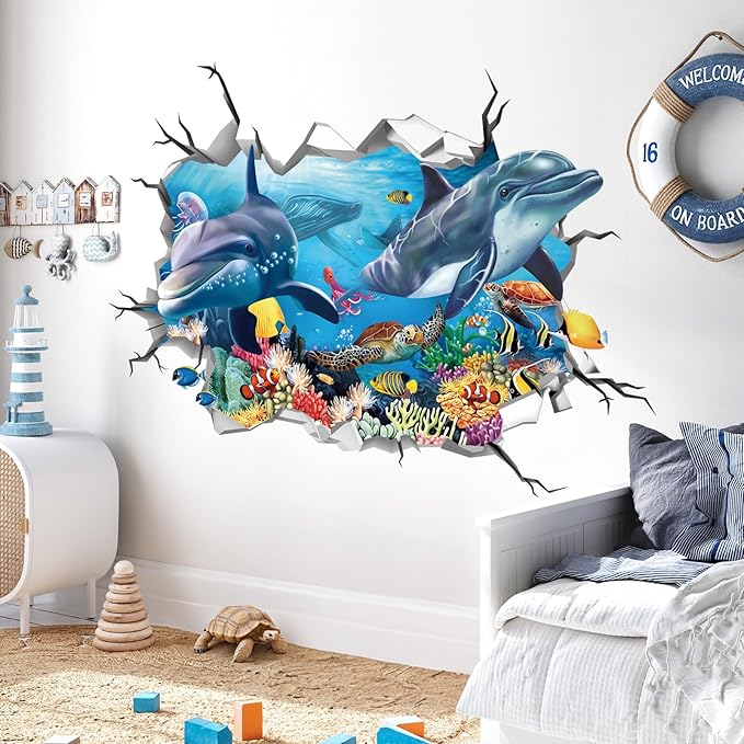 decalmile 3D Under The Sea Dolphin Fish Wall Decals Ocean Turtle Seaweed Broken Wall Stickers Boys Bedroom Living Room Bathroom Wall Decor-PawvioPets