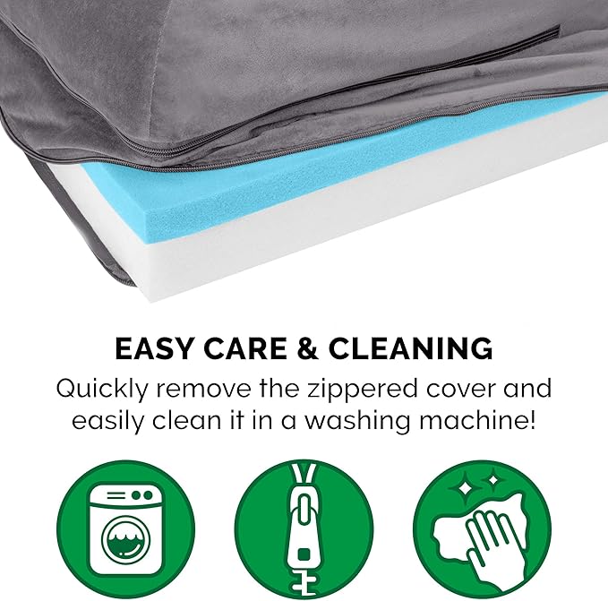 Furhaven Cooling Gel Dog Bed for Large/Medium Dogs w/ Removable Bolsters & Washable Cover, For Dogs Up to 55 lbs - Plush & Velvet L Shaped Chaise - Platinum Gray, Large-PawvioPets