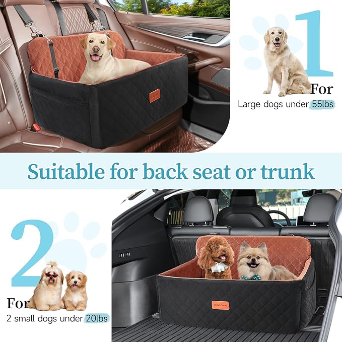 Dog Car Seat for Medium/Large Dogs, Pet Booster Seat for Under 55 lbs or 2 Small Dogs, Detachable & Washable Dog Car Bed for Backseat with 2 Safety Leashes(Black/Brown)-PawvioPets
