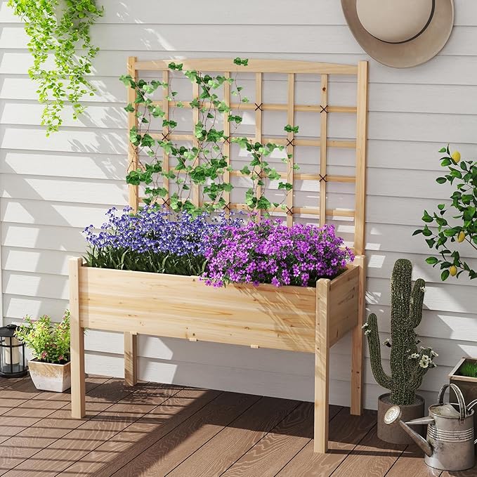 Giantex Raised Garden Bed with Trellis, Wooden Elevated Planter Box with Legs, Drainage Holes for Climbing Plants Vines Vegetables Flowers Herbs, Outdoor Horticulture Planter for Patio Yard (Natural)-PawvioPets