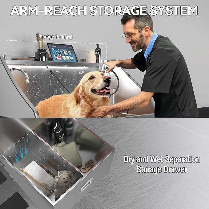 50'' Dog Washing Station - 304 Stainless Steel, LED Dog Bathing Station with Ramp, 2 Drawer, Floor Grate & Lick Pad for Large, Medium & Small Dogs-PawvioPets