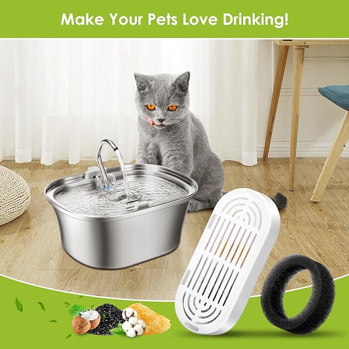 6 Pack Replacement Cat Fountain Filters & Replacement Sponges for Stainless Steel Pet Fountain with Water Level Window, Fountain Carbon Filters for Dog Water Dispenser Bowl-PawvioPets