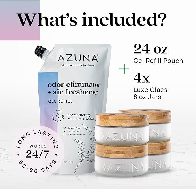 Azuna Air Freshener & Odor Eliminator for Strong Odor | 4 Room Kit Includes (4) Empty Luxe Glass Jar & 24oz Gel Refill with Tea Tree Essential Oil | Aromatherapy | Last 60-90 Days-PawvioPets