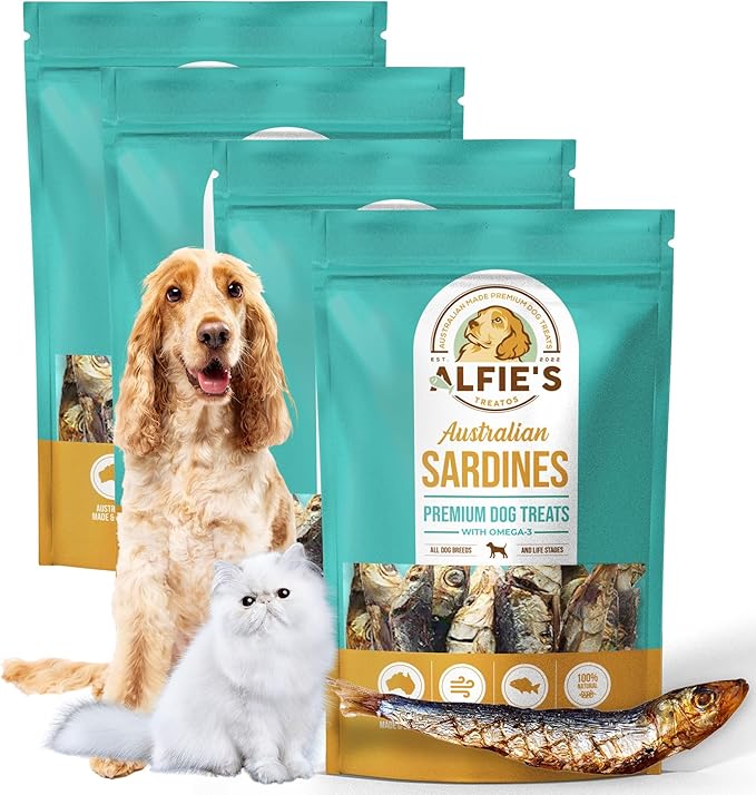 ALFIE'S TREATOS Sardines for Dogs & Cats (10.6 oz, 4x2.65 oz), Bulk Bundle, Air-Dried Fish Dog Treats, Omega-3 Food Topper, Single Ingredient, Australian Wild-Caught, Freeze-Dried Alternative-PawvioPets