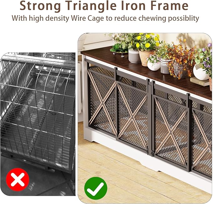 COZPAW 78 Inch Double Dog Crate Furniture, Extra Large Dog Kennel Indoor for Medium Large 2 Dogs, Heavy Duty Dog Cage Chew-Resistant Steel and Wooden Pet House with Removable Divider (White Brown)-PawvioPets