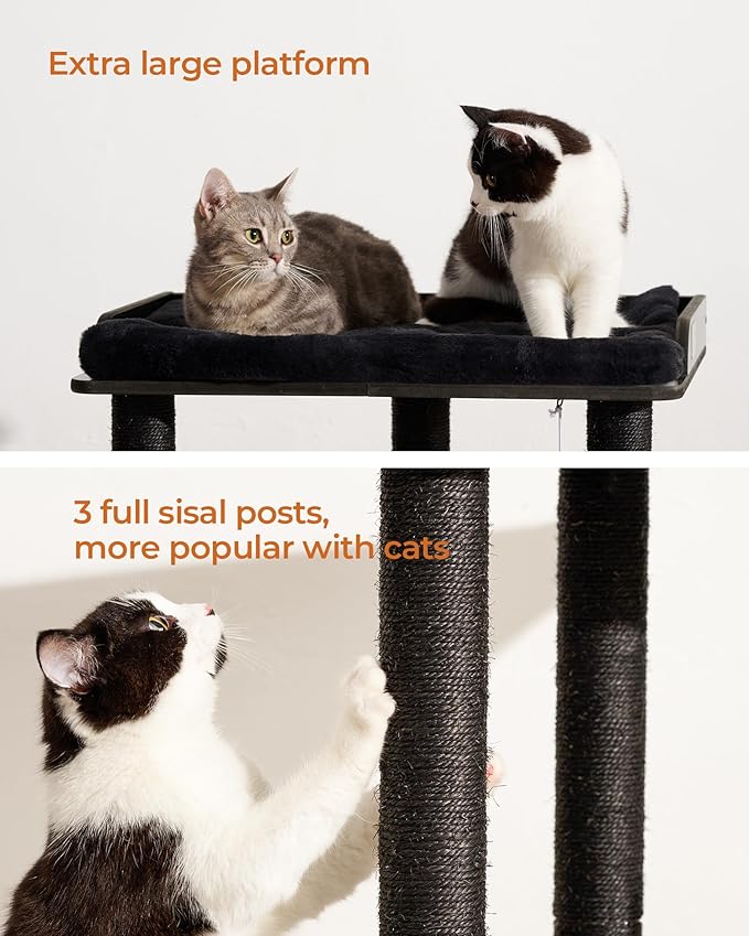 FourFurPets 26.7in Cat Tree Tower Condo, Cat Scratch Posts for Indoor Cats, Big Plate, Three 23.6in Full Sisal Scratching Posts, Black-PawvioPets