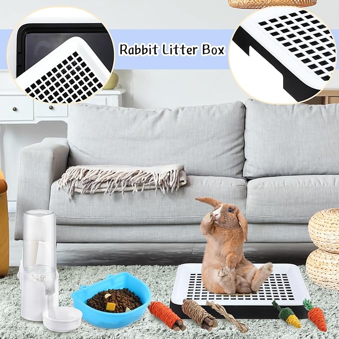 19 Pcs Rabbit Starter Kit Small Bunny Litter Box Rabbit Grooming Kit Water Bottle Bunny Toys Hay Feeder Bowl Blankets with Cleaning Set for Guinea Pig Accessories(Black,Cloud)-PawvioPets