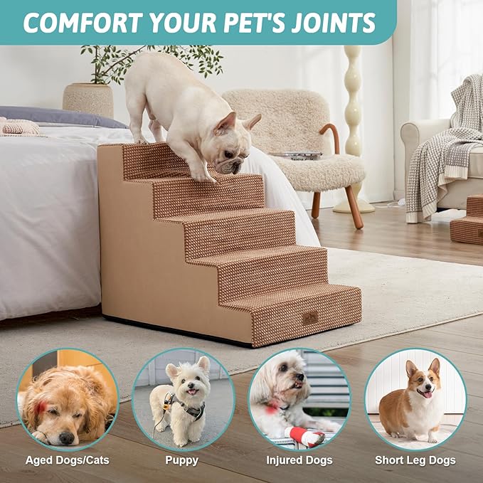 Dog Stairs for Small Dogs, 5 Tier Wider Pet Stairs for High Beds, 23.6" H Non-Slip Dog Steps for Old Cats, Puppies, Small Medium Dogs, 29.5x19.7x23.6 inch, Light Brown-PawvioPets